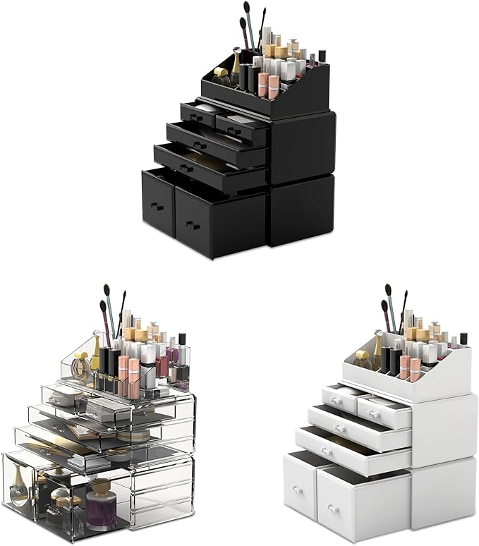 READAEER Makeup Organizer 3 Pieces Cosmetic Storage Case with 6 Drawers (Black)