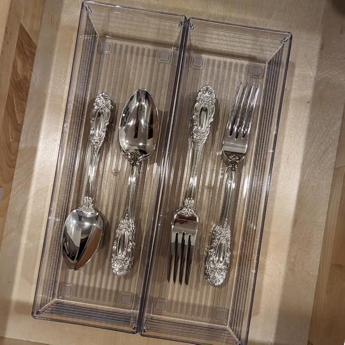 4 Pack 12"x 4" Clear Plastic Desk Drawer Organizer Tray Bathroom Office Kitchen Utensils Silverware Desk Drawer Storage Bins Container for Dresser Cosmetics Toiletries