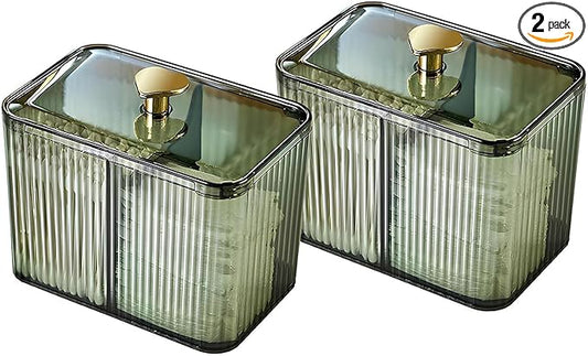2 Pack 3-Section Clear Qtip Holder with Dustproof Lid, Bathroom Cotton Ball and Qtip Organizer, Cotton Swab Container for Vanity Canisters Jars for Countertop Storage and Organization (Clear-Green)