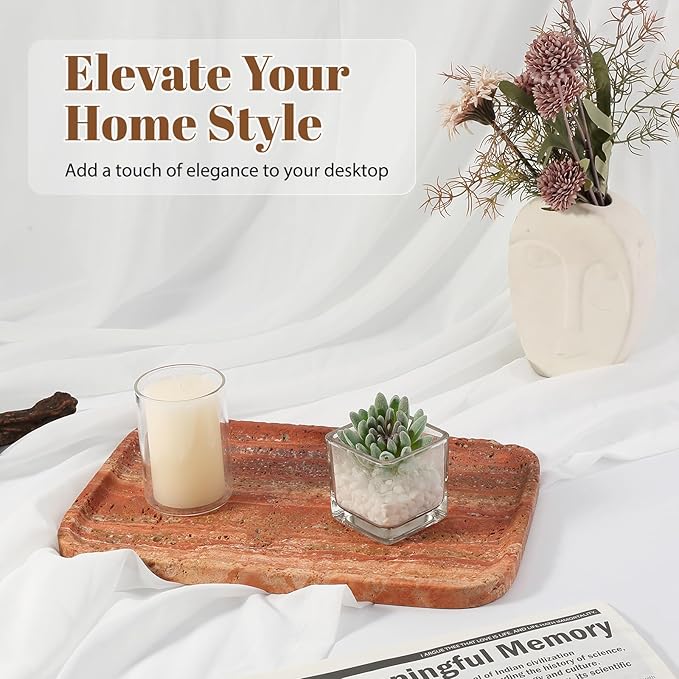 Koville Red Travertine Tray, 12"x8" Natural Stone Vanity Tray for Countertop Bathroom Kitchen Dresser, Decorative Marble Catchall Trays for Perfume Jewelry, Rectangular Serving Tray