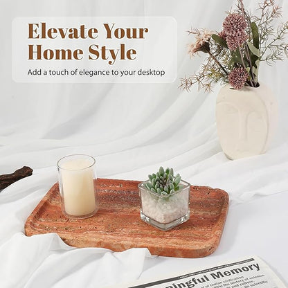 Koville Red Travertine Tray, 12"x8" Natural Stone Vanity Tray for Countertop Bathroom Kitchen Dresser, Decorative Marble Catchall Trays for Perfume Jewelry, Rectangular Serving Tray