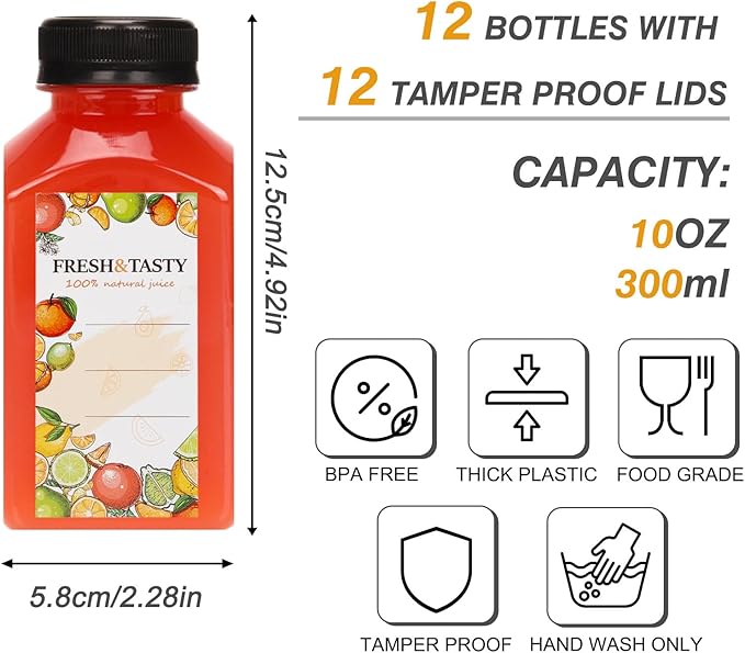 TOMNK 12pcs 10oz Plastic Juice Bottles with Caps Empty Reusable Clear Bottles with Label, Funnel and Brush Beverage Containers Bulk with Lids for Juicing, Smoothies, Fridge