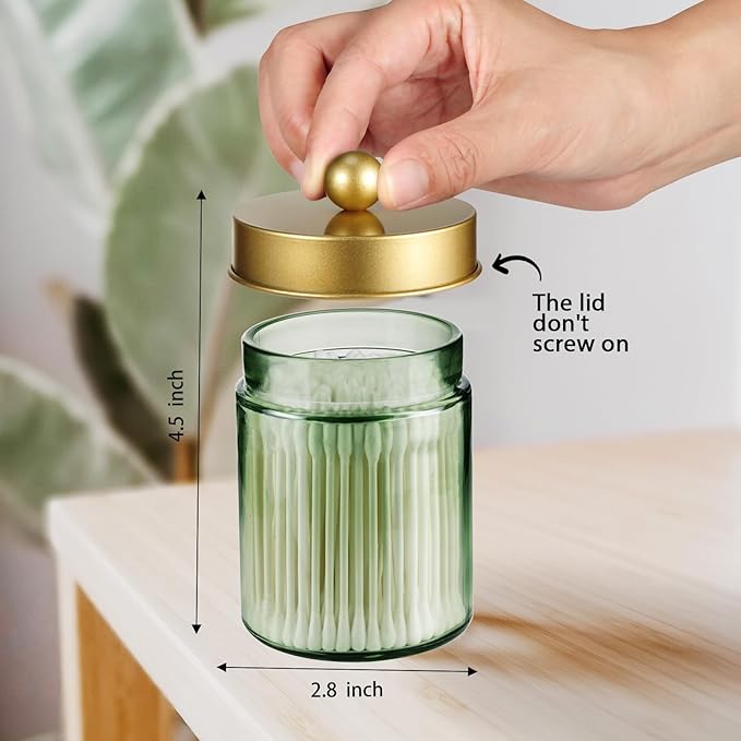 Amolliar Sage Green Apothecary Glass Jar With Metal Lid & Stickers, Bathroom Qtip Holder Storage Canister, Farmhouse Decor for Cotton Balls, Cotton Swabs, Round Pads, Bath Salt, Floss,Gold 4 Pack