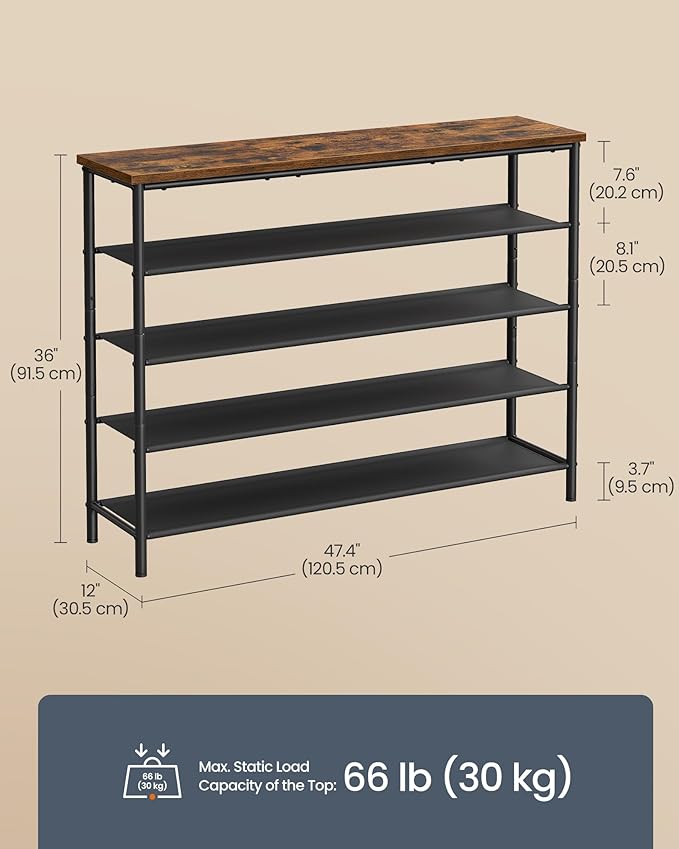 SONGMICS HOME 5-Tier Shoe Rack, Free Standing Shoe Storage Organizer, 12 x 47.4 x 36 Inches, Metal Frame with Top Surface for Closet Entryway, Rustic Brown and Black