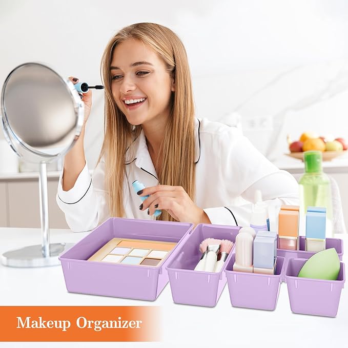 SpaceHacks 25 PCS Plastic Drawer Organizer Set, 4-Size Versatile Organizer Trays & Storage Bins for Makeup, Jewelry, and Gadgets in Bathroom, Bedroom and Office, Purple