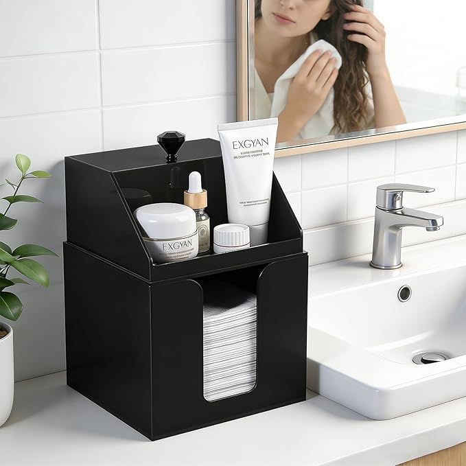Anyoifax Disposable Facial Towels Storage Compatible with Clean Skin Club Clean Towel XL Double Layer Acrylic Box Cotton Pads Container Qtip Bin Face Towelettes Holder for Bathroom Counter, Black
