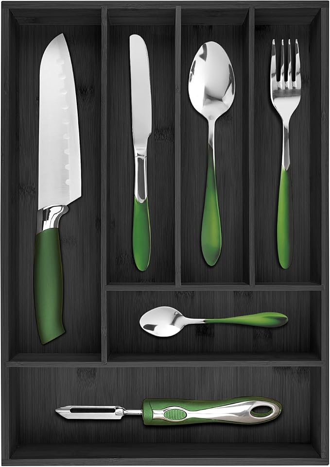 Pristine Bamboo silverware tray organizer– Flatware Utensil Cutlery Silverware Holder for Drawer – Small Extra-Deep Wooden Kitchen Drawer Organizer Divider for Spoons Forks Knives (6-Slots, Black)