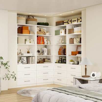 Closet System with 6 Drawers & 8 Shelves, Wood Closet Organizer System with 2 Extra Hanging Rod for Walk in Closet, Modular Closet Organizer System White(4FT)