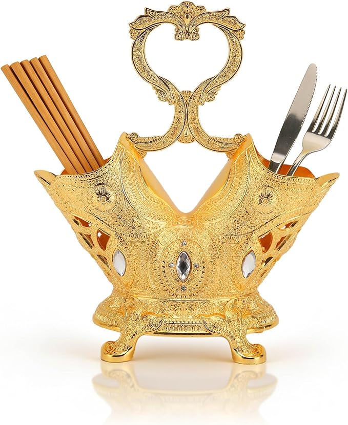 Cyrank Vintage Utensil Holder, Gold Kitchen Utensil Holder for Countertop Metal Utensil Organizer Silverware Caddy Storage Holder for Flatware, Cutlery, Spoon, Fork