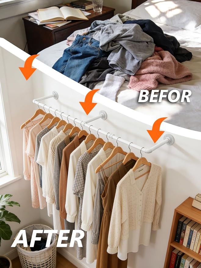 Aduanbang 65.7in Industrial Pipe Wall Mounted Clothes Rack, Heavy Duty Detachable Iron Garment Bar, Rustic Space-Saving Hanging Rod for Bedroom, Closet – White,4 hooks