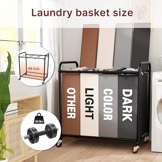 180L Laundry Sorter 4 Section – Heavy Duty Rolling Laundry Basket with Lockable Wheels and Lid, 4 Large Separate Removable Bags, Laundry Hamper Cart for Laundry Room Organizer (Multicolor)