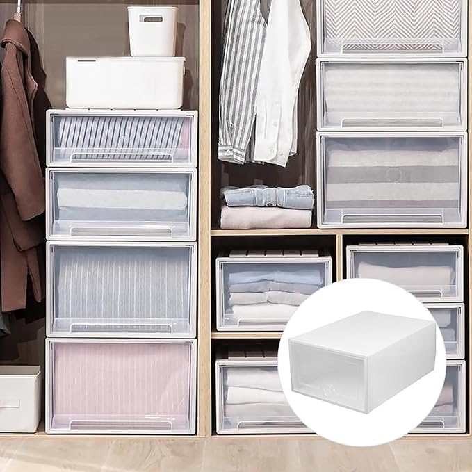 ARTIBETTER 6pcs Plastic Shoe Storage Boxes with Flip Lid Drawer Design, White 33×23×14cm Stackable Organizers for Home Closet Shoe Storage