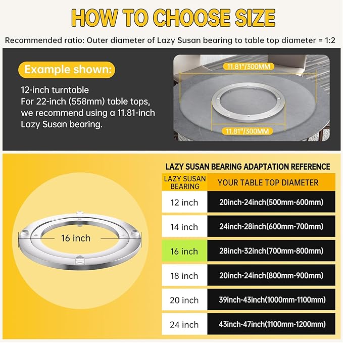 Lazy Susan Hardware 16 Inch Heavy Duty Bearing Kit, 360° Smooth Rotating Aluminium Alloy Turntable, Swivel Base for Dining Table, DIY Project, Display Stand & Workbench