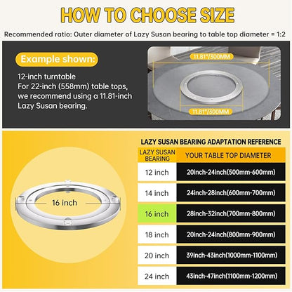 Lazy Susan Hardware 16 Inch Heavy Duty Bearing Kit, 360° Smooth Rotating Aluminium Alloy Turntable, Swivel Base for Dining Table, DIY Project, Display Stand & Workbench