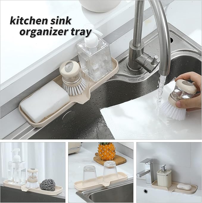 MicoYang Silicone Bathroom Soap Dishes with Drain Spout-Bathroom and Kitchen Sink Organizer,Sponge Holder,Dish Soap Tray,Perfect for Dispenser,Scrubber,Bottle,Cup on Sink or Counter-Tapioca 12"×4"