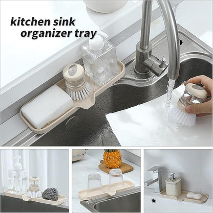 MicoYang Silicone Bathroom Soap Dishes with Drain Spout-Bathroom and Kitchen Sink Organizer,Sponge Holder,Dish Soap Tray,Perfect for Dispenser,Scrubber,Bottle,Cup on Sink or Counter-Tapioca 12"×4"