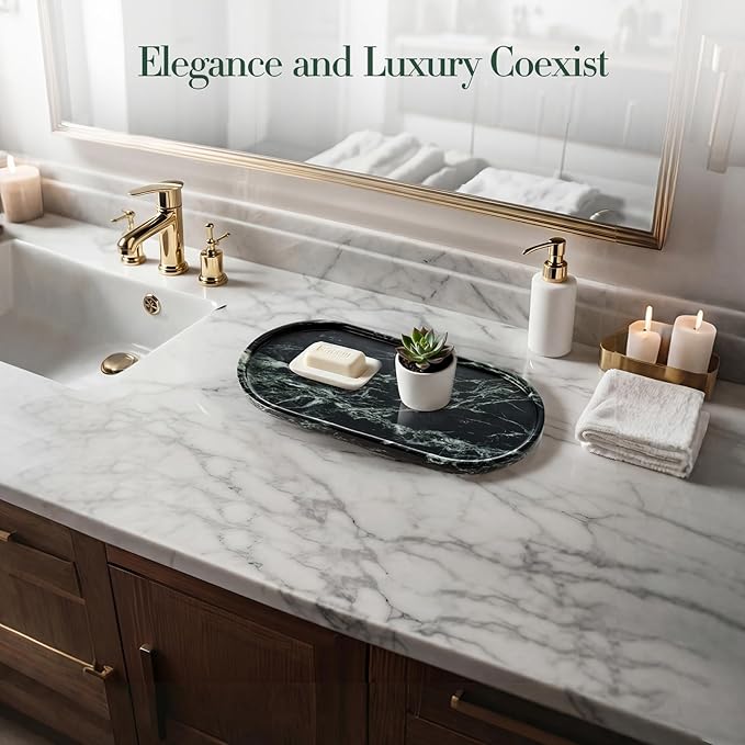 Natural Marble Tray Bathroom Tray, Luxury Decorative Trays for Bathroom, Vanity, Dresser, Kitchen & Home Decor, Valentine's Day House Warming Gifts New Home (Green)