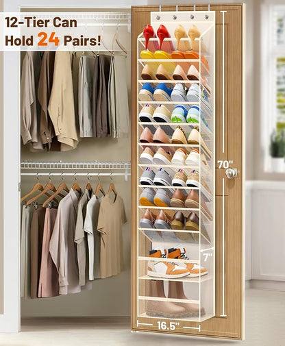 MISSLO 12 Tier Over the Door Shoe Organizer Breathable Mesh Hanging Shoe Rack for Closet Storage Shoe Holder for Door Fit 24 Pairs Sandals, Heels, Boots (Beige)