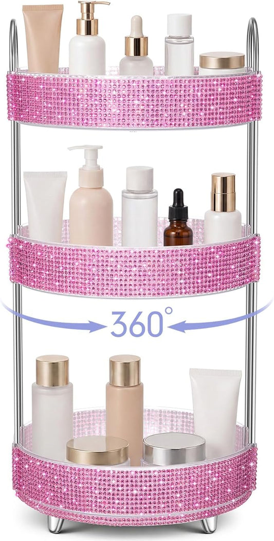Honeydak 360 Rotating Perfume Organizer for Mother Day Nurse Day Rhinestone Bathroom Counter Organizer Makeup Holder Skincare and Perfume Storage for Cosmetic Countertop(3 Tiers,Resin Stone,Pink)