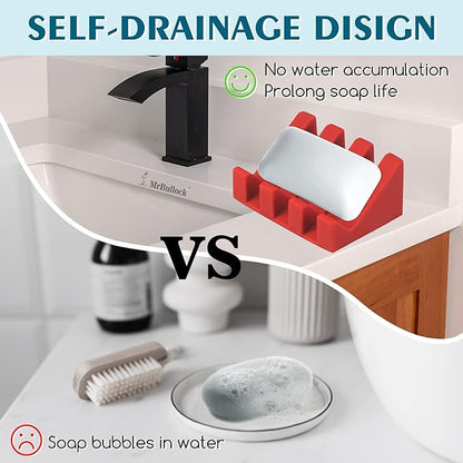 2 Pack Self Draining Silicone Soap Dish for Shower & Kitchen - Non-Slip Waterfall Bar Soap Holder Tray, Soap Saver Keeps Soap Dry, Easy to Clean & Hygienic (Red-Green)