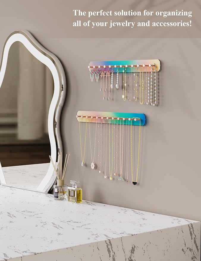 NiHome Wall Mount Acrylic Jewelry Organizer 2-Pack, Durable Sleek Rack Strong Carbon Steel Hooks for Dressing Table, Bathroom, Kitchen, Hassle-Free Installation Multiple Mounting Options (Iridescent)