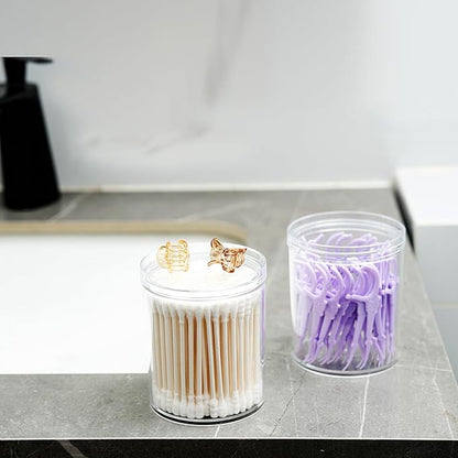SheeChung 2-Pack Stackable Clear Qtip Holder - 10oz Crystal Apothecary Jars with Storage Lids - Clear Plastic Bathroom Countertop Organizer for Cotton Balls, Swabs, Pads - Pinterest Style Decor