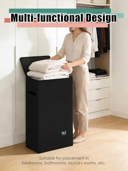 WTREE Laundry Hamper with Lid, Reinforced Sturdy Clothes Hamper with Anti-Puncture Base, Large Collapsible Laundry Basket with Removable Liner Bag, Tall Dirty Clothes Bin for Family, 100L Black