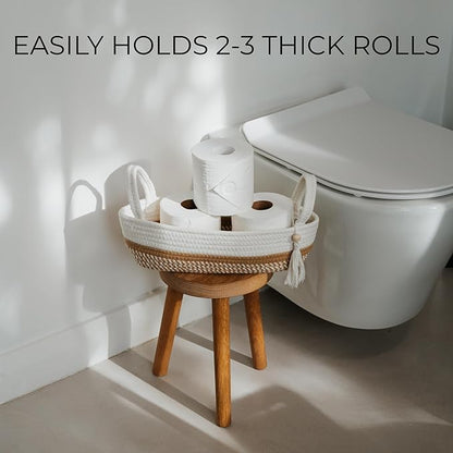 Decorative Toilet Paper Basket – Beautiful Bathroom Organizer for Toilet Tank Storage Decor – Boho Cotton Rope Bin with Tassel for Bathroom Accessories and as Shelf Decor