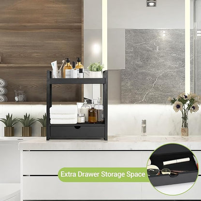 Ukonvi 2-Tier Bathroom Organizer Countertop with Drawer, Wood Counter Shelf for Storage, Vanity Tray for Organization and Decor, Countertop Organizer for Bathroom, Kitchen, Office (Black)