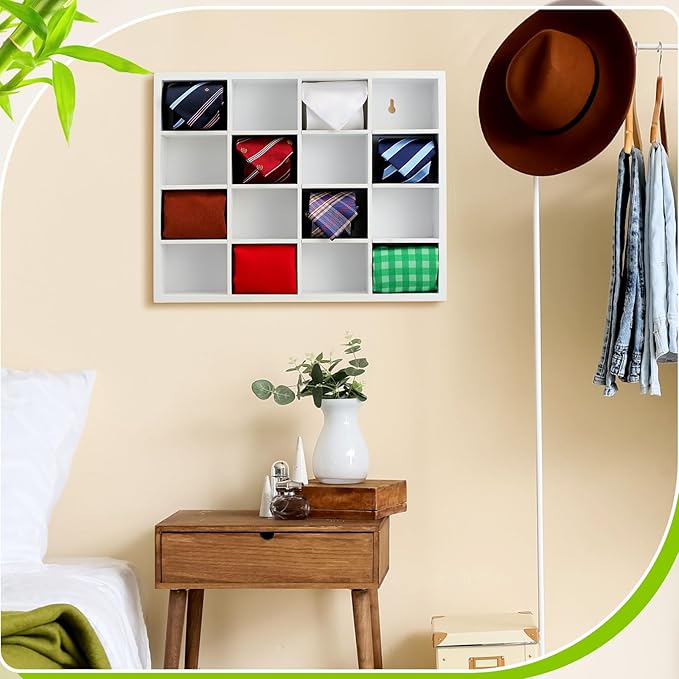 Wesiti Tie Box Organizer Wall Mounted Tie Rack with 16 Compartments Bamboo Belt Holder for Men Scarf Necktie Home Wall Closet(White Color,1 Piece)