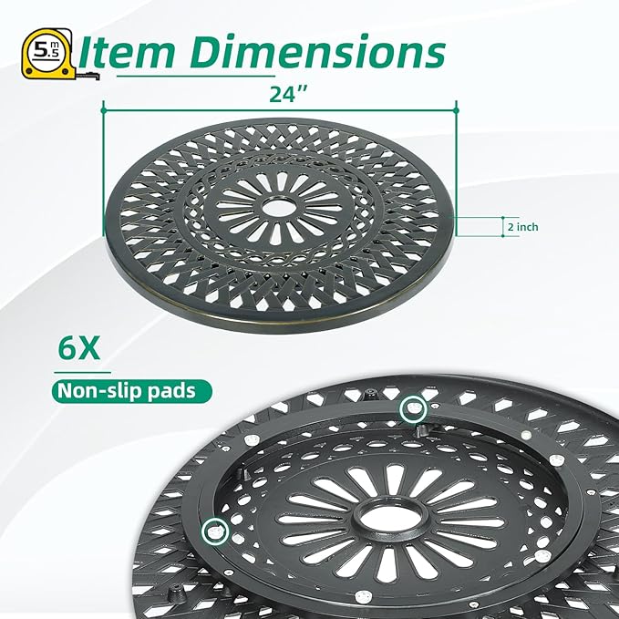 VIVIJASON 24" Patio Cast Aluminum Lazy Susan Turntable, 360° Rotating Display Tray for Outdoor Dining Table, Spinning Rotating Food Server Party Centerpieces with Umbrella Hole, Lattice Style