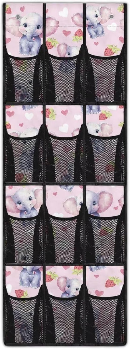 Elephant Strawberry Over The Door/Wall Shoe Organizers,Space Saving Hanging Storage Holder,Hanging Shoe Organizer with 12 Mesh Large Pockets,Closet Rack for Home Bedroom Bathroom