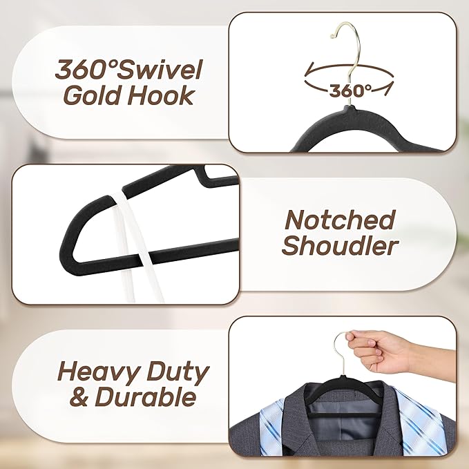 Sishynio Velvet Hangers 30 Pack with Gold Hooks, Non-Slip Slim Felt Hanger for Clothes, Space Saving Heavy Duty Flocked Hangers for Dresses, Coats, Pants(Black)
