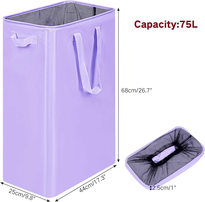efluky Slim Laundry Basket, Narrow Laundry Hamper with Handles, Collapsible Dirty Clothes Hamper, Tall Laundry Bin for Laundry Room, Dorm and Bedroom, 19.8 Gallon (75L) Light Purple