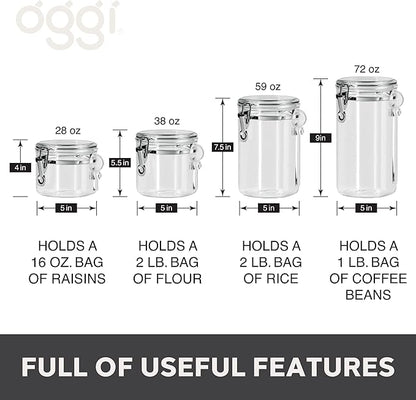 Oggi 4pc Clear Canister Set with Clamp Lids & Spoons - Airtight Food Storage Containers, Ideal for Kitchen & Pantry Storage of Bulk, Dry Food Including Flour, Sugar, Coffee, Rice, Tea, Spices & Herbs