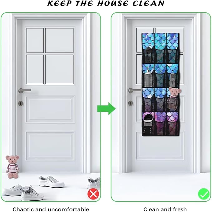 Over the Door Organizer with 12 Mesh Pockets, Space Saving Hanging Storage for Bedroom, Bathroom, Pantry, Clear View Window & Reinforced Mesh Pockets,Fish Scale