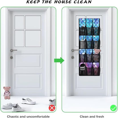 Over the Door Organizer with 12 Mesh Pockets, Space Saving Hanging Storage for Bedroom, Bathroom, Pantry, Clear View Window & Reinforced Mesh Pockets,Fish Scale