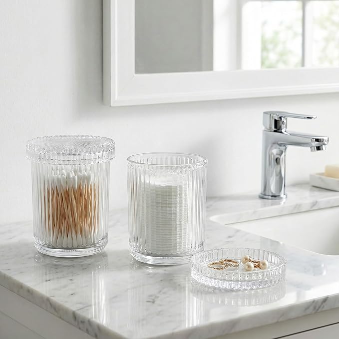 rejomiik Glass Qtip Holder Dispenser 2 Pack, Bathroom Canister Apothecary Jars with Lids, Vanity Makeup Accessories Storage Organizer for Cotton Swabs, Cotton Balls, Pads, Floss Picks, Clear