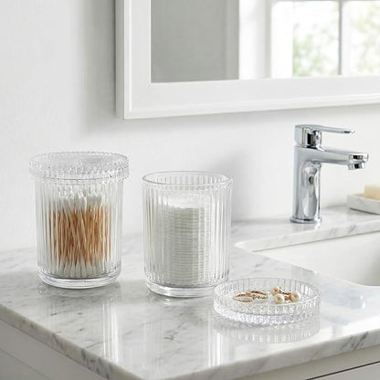 rejomiik Glass Qtip Holder Dispenser 2 Pack, Bathroom Canister Apothecary Jars with Lids, Vanity Makeup Accessories Storage Organizer for Cotton Swabs, Cotton Balls, Pads, Floss Picks, Clear