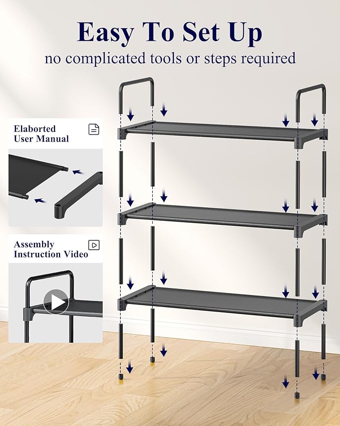 Kitsure Shoe Rack for Closet, Sturdy Shoe Storage for Entryway, Space-Saving Shoe Rack Small and Shoe Shelf, 27.6" Wide, Black