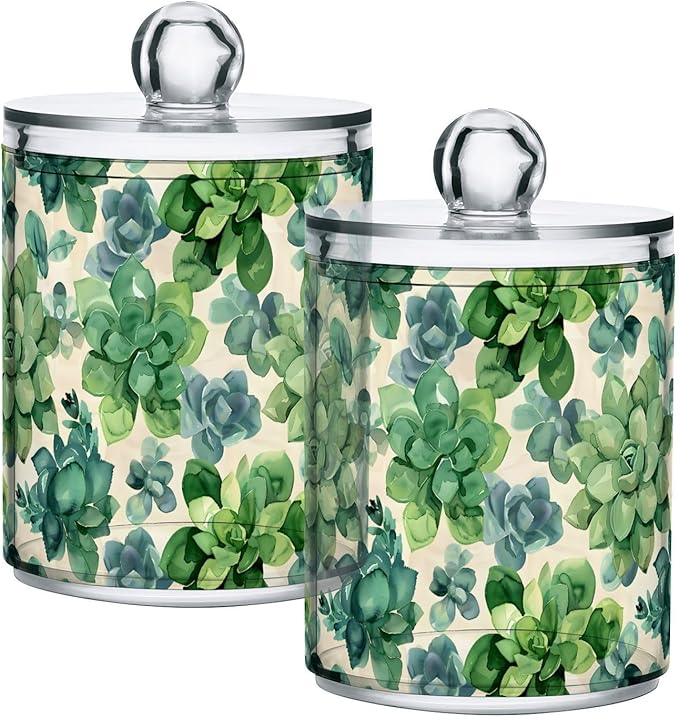 ALAZA 4pcs Flowers Boho Green Qtip Holder Dispenser 14 oz Bathroom Storage Clear Apothecary Jars Containers Cotton Ball,Cotton Rounds,Floss Picks, Hair Clips, Food