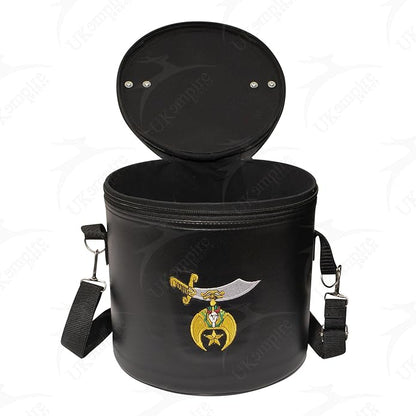 Premium Masonic Shriner Fez Hat Case Black Leather – Dual Emblems Front & Top (Machine Embroidery) with Shoulder Strap