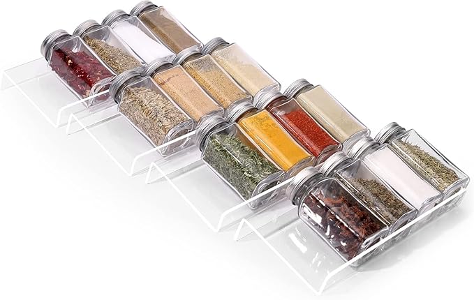 MIUKAA Clear Acrylic Spice Drawer Organizer, 4 Tier- 1 Set Seasoning Jars Drawers Insert, Kitchen Spice Rack Tray for Drawer/Countertop (Jars not included)