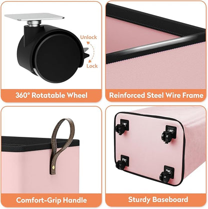 SpaceTrove Laundry Basket with Wheels, Collapsible Laundry Baskets, Laundry Hamper with Handles Detachable Wheels, Rolling Laundry Basket, Dirty Clothes Hamper for Bathroom, Dorm, Bedroom, Pink, 100L
