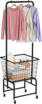 Rolling Laundry Cart with Wheels, Extra Large Laundry Hamper Basket Organizer with Clothes Hanging Rack, Wire Storage Cloth Shelf Butler, Black