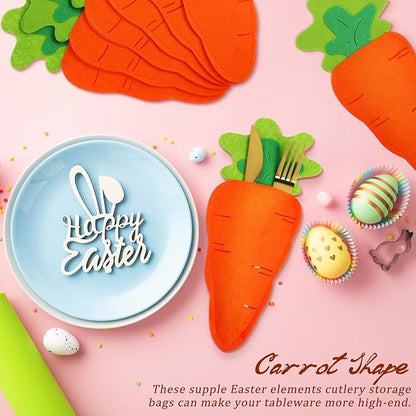 MAGICLULU 6pcs Easter Carrot Cutlery Holders, Felt Utensil Pouch Bags for Silverware, Reusable Carrot Shape Fork Sleeves, Whimsical Tableware Pockets for Spring Party & Easter Table Decor