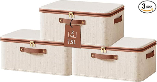 Tuza 3 Pcs Rigid Storage Bins with Zipper Lid, Cotton Linen Fabric Storage Boxes, Foldable Shelves Clothes Storage Cubes with Handles for Wardrobe, Closet(Beige, 15L)