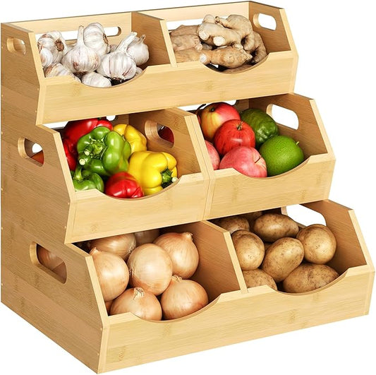 Onion Storage Bins Potato, 3 Tier Bamboo Pantry Storage Bin Stackable Ventilated Kitchen Organizer for Pantry, Countertop, Bathroom, Space-Saving, Easy Access Handle Natural Brown(Assembly Required)