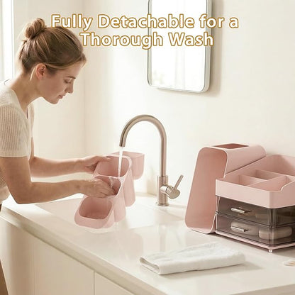 Large Capacity Makeup Organizer Countertop with Makeup Brush Holder for Vanity, Thickened Material, Bathroom Countertop Organizer Skin Care Perfumes Storage, Teen Girl Gifts for 12-23 Year（pink）