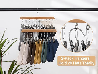 StorageWorks Hat Rack, Closet Organizer and Storage for Baseball Caps,Set of 2 with 10 Adjustable Stainless Steel Clips, Fits All Caps, Natural Wood Color